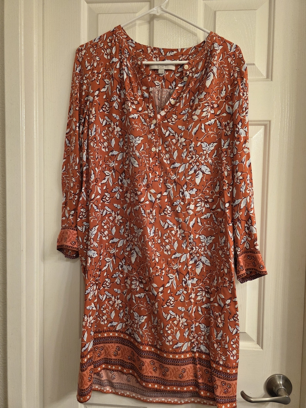 LOFT Orange Floral Midi Dress with White Print
